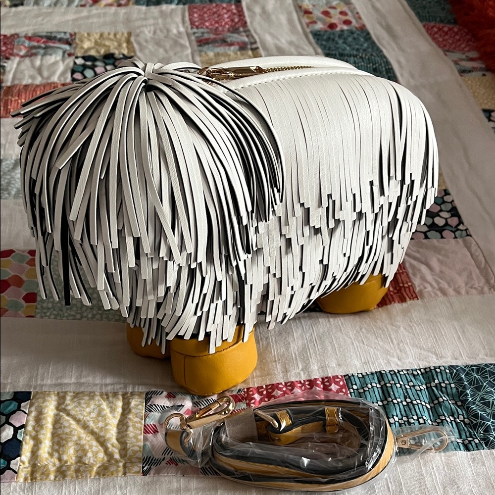 NWT White and Yellow Fringe Shaggy DogShaped Bag